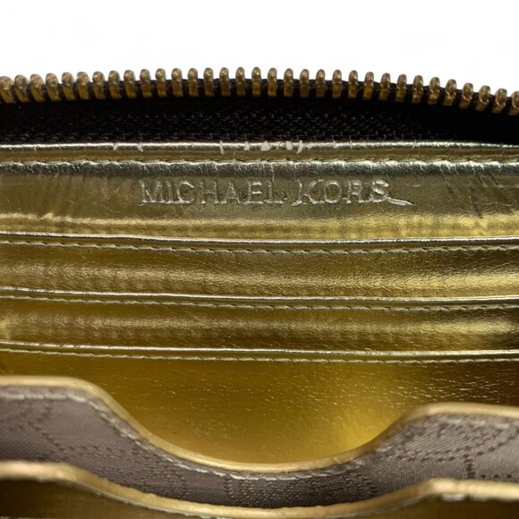 Michael Kors Small Monogram Zip Around Wallet Brown Leather Gold Logo Plate - Picture 7 of 8